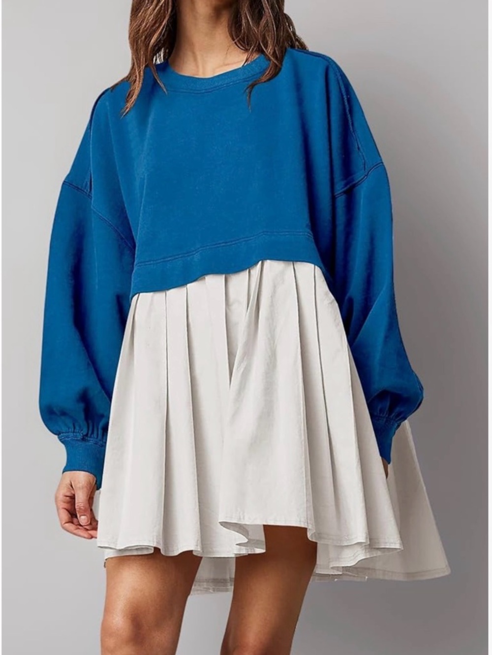 Free People Blue Cropped Sweatshirt Dress with cream  Skirt Panel